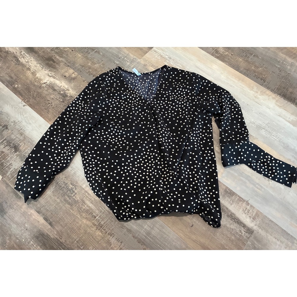 Lilbetter Womens Polka Dot Wrap V-Neck Blouse Black White Tie Sleeve Large